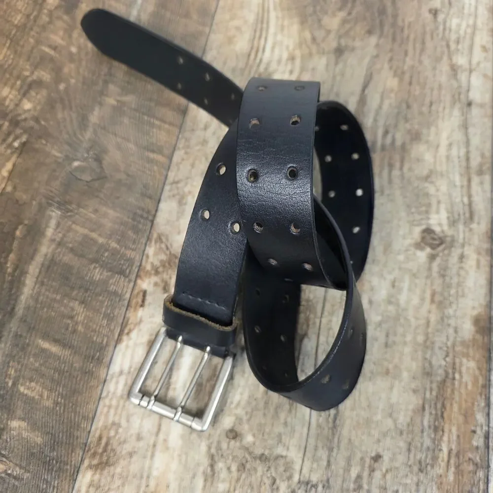Black Leather Double Hole Belt Unisex Punk Grunge Goth Made in India
